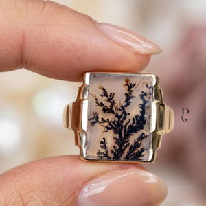 Vintage Dendritic Agate Ring | 10K Gold Signet Ring | Natural Scenic Agate Ring | Rectangle Gemstone Ring | Unisex Gift
