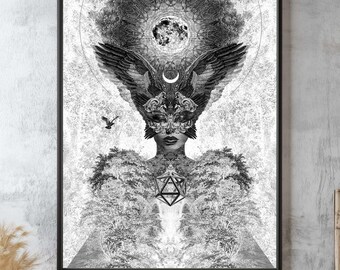 May include: Black and white digital art print of a woman with wings and a mask. The woman is holding a geometric shape in front of her. The background is a textured, abstract design.