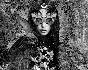 May include: A black and white illustration of a woman wearing a mask with butterfly wings. She is surrounded by a forest and butterflies. The image has a mystical and ethereal feel.