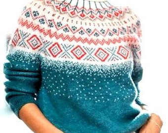 Pull nordique Fair Isle tricoté à la main Pull islandais à empiècement rond Loapeysa pour femme Pull sans couture en laine d'alpaga et de mérinos, cadeau de Noël pour elle