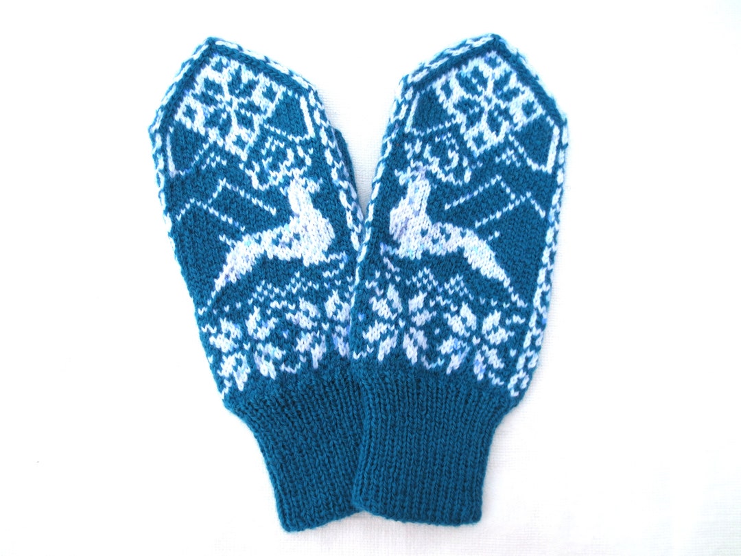 Wool Mittens Women Hand Knitted Scandinavian Snowflake Mittens Adult Warm Winter Norwegian