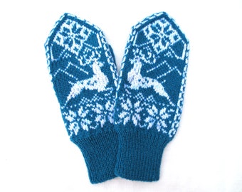 Wool Mittens Women Hand Knitted Scandinavian Snowflake Mittens Adult Warm Winter Norwegian Mittens with Deer Christmas gift for Animal Lover