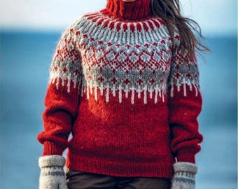 Jersey de lana de cuello alto islandés Lopapeysa tejido a mano personalizado jersey de esquí noruego Føyka
