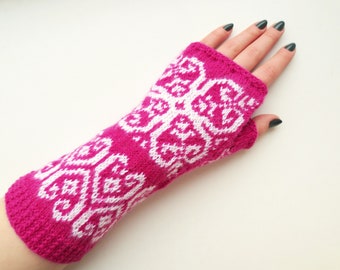 Wool Wrist Warmers Hand Knitted Fingerless Gloves Women's Norwegian Fingerless Mittens Warm Wool Gloves with Hearts Christmas Gift for Her