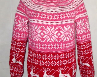 Wool Sweater Icelandic Lopapeysa Hand Knitted Fair Isle Pullover Norwegian Deer & Stars Christmas Jumper