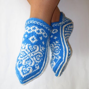 Wool home slippers Norwegian Selbu Rose hand knitted Scandinavian snowflake slipper socks Christmas gift for Her seamless house shoes women Blue