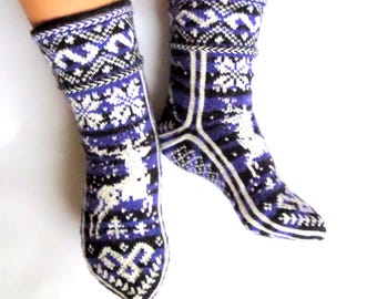 Wool Socks Norwegian Fair Isle Hand Knitted Deer Snowflake Scandinavian Socks for Animal Lovers