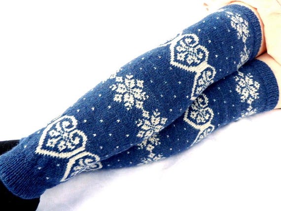 Scandinavian Wool Leg Warmers Hand Knitted Extra Long Norwegian Snowflake Heart Merino Leggings Women