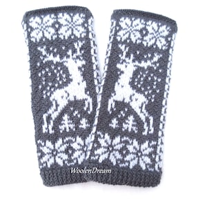 May include: Pair of gray knitted wrist warmers with a white reindeer and snowflake pattern. The wrist warmers have the text "WoolenDream" on the bottom.