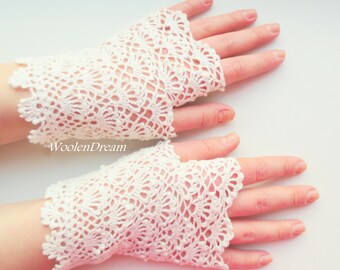 White Bridal Lace Gloves Fingerless Crochet Wedding Gloves Women's Vintage Summer Gloves Victorian Lace Mitts Bridesmaid Gloves Gift for Her