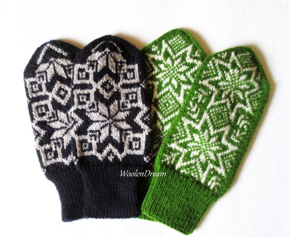 Men Mittens Hand Knitted Merino Wool Norwegian Snowflake Hand Warmers Scandinavian Deer Winter Gloves