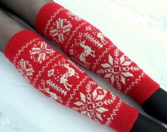 Knitted wool leg warmers Christmas leg warmers womens leg warmers winter leg warmers Norwegian knit leg warmers red leg warmers gift for Her