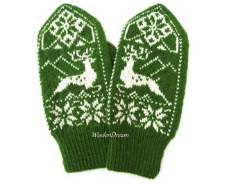 Nordic Mittens Wool Hand Knitted Deer Snowflake Scandinavian Merino Hand Warmers Christmas Winter Gloves