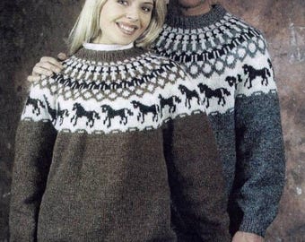 Horses Sweater Icelandic Lopapeysa Hand Knitted Wool Scandinavian Jacquard Pullover for Animal Lovers
