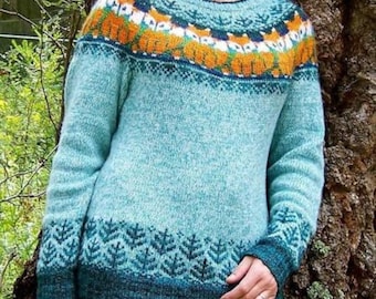 Fox Icelandic Wool Sweater Lopapeysa Hand Knitted Custom Scandinavian Jacquard Pullover Animal Lover Gift