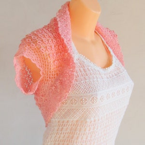 Roses Bridal Bolero Shrug Crochet Women Victorian Weddings Cardigan with Irish Lace Flowers Romantic Evening Openwork Pink Vest Gift for Her