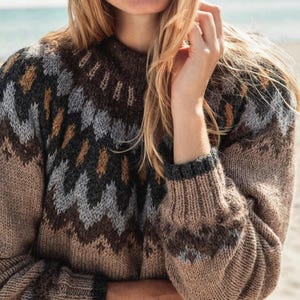 Icelandic Wool Sweater Round Yoke Hand Knit Nordic Fair Isle Camping Sweater Women Custom Made Ski Lopapeysa Pullover Christmas Gift for Her