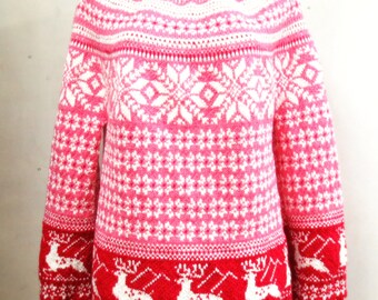 Wool Sweater Icelandic Lopapeysa Hand Knitted Norwegian Ethnic Sweater Fair Isle Pullover Deer and Snowflakes Pattern Christmas Gift for Her