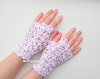 Crochet Lace Gloves Fingerless Victorian Wedding Women Openwork Mitts Floral Cotton