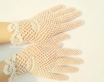 Crochet Irish Lace Gloves Mother of Bride Victorian Wedding Openwork Evening Wear