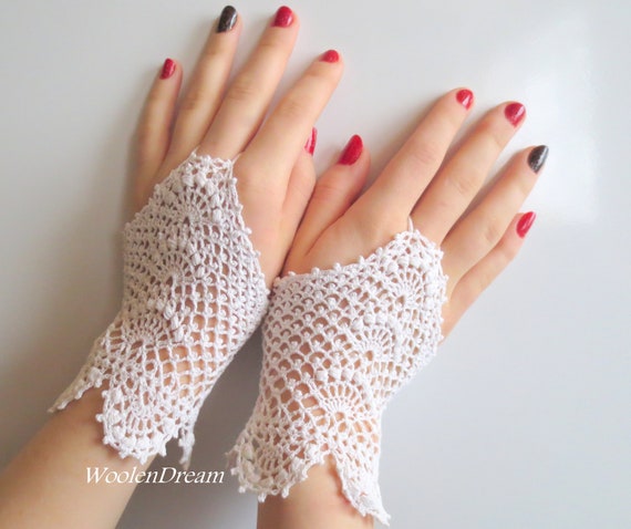 Crochet Bridal Lace Mitts White Fingerless Gloves Wedding Lace