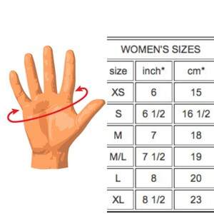 May include: A chart showing women's glove sizes in inches and centimetres. The chart shows sizes XS, S, M, M/L, L, and XL. The corresponding measurements are 6 inches, 6 1/2 inches, 7 inches, 7 1/2 inches, 8 inches, and 8 1/2 inches. The corresponding measurements in centimetres are 15 cm, 16 1/2 cm, 18 cm, 19 cm, 20 cm, and 23 cm.