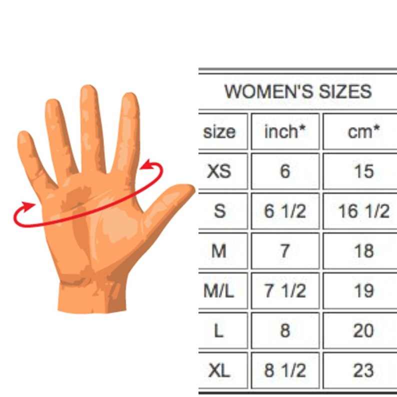 May include: A chart showing women's glove sizes in inches and centimetres. The chart shows sizes XS, S, M, M/L, L, and XL. The corresponding measurements are 6 inches, 6 1/2 inches, 7 inches, 7 1/2 inches, 8 inches, and 8 1/2 inches. The corresponding measurements in centimetres are 15 cm, 16 1/2 cm, 18 cm, 19 cm, 20 cm, and 23 cm.