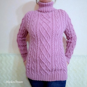 Hand Knitted Wool Sweater Celtic Aran Pattern Scandinavian Turtleneck Braided Cable Jumper