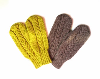 Aran Pattern Wool Mittens Hand Knitted Chartreuse Women's Mittens with Celtic Braided Cables Warm Winter Bronze Color Mittens Christmas gift