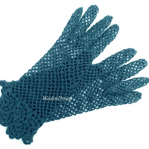 May include: A pair of teal blue crocheted gloves with a lacy design at the wrist. The gloves are made of a fine, open-weave yarn.