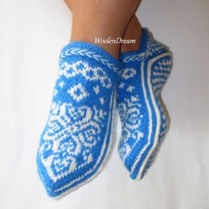 Wool Home Slippers Hand Knitted Norwegian Snowflake Heart Design Scandinavian Jacquard House Shoes Women