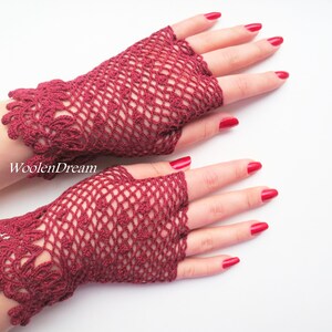 Bridal Lace Gloves Crochet Burgundy Fingerless Wedding Gloves Womens Civil War Gloves Victorian Summer Gloves Bridesmaid Gloves Gift for Her