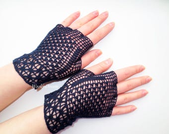 Crochet Lace Fingerless Gloves: Victorian Wedding Mitts, Handmade Cotton