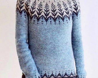 Jersey islandés de lana tejido a mano con canesú de jacquard escandinavo, jersey noruego Lopapeysa para mujer VINTERSOL
