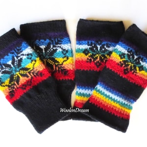 Wool Gloves Fingerless Women Hand knit Scandinavian Black Rainbow Finger-less Mittens Men Norway Warm Winter Snowflake Gloves Christmas Gift