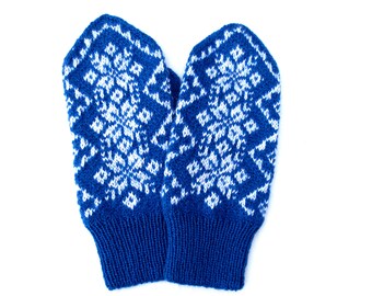 Merino Wool Mittens Women Hand Knitted Fair Isle Warm Winter Mittens Scandinavian Snowflake Pattern Mittens Norwegian Christmas Gift for Her