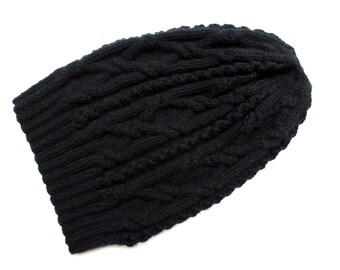 Slouchy Wool Hat Celtic Aran Hand Knitted Merino Beanie Braided Cables Warm Winter Headpiece