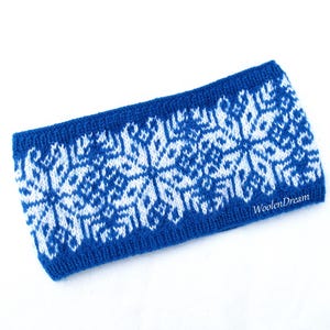 Bandeau flocon de neige en laine mérinos tricoté à la main, cache-oreilles norvégien, jacquard scandinave, accessoire de cheveux d'hiver