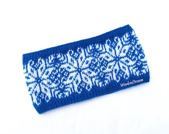 Snowflake Headband Merino Wool Hand Knitted Norwegian Ear Warmer Scandinavian Jacquard Winter Hair Accessory