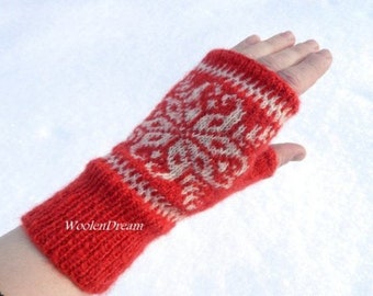 Wool Wrist Warmers Hand Knit Women's Fingerless Gloves Snowflake Norwegian Winter Gloves Fingerless Mittens with Bird Christmas Gift for Her