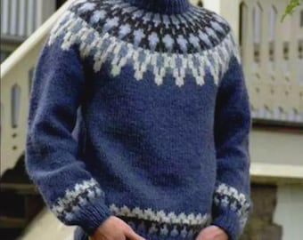 Jersey de lana islandesa Lopapeysa, jersey escandinavo tejido a mano con canesú Fair Isle, jersey jacquard noruego.