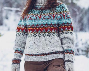 Jersey islandés de lana de cuello alto tejido a mano estilo Fair Isle noruego, jersey personalizado Lopapeysa ALASUQ