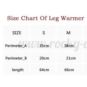 May include: Black leg warmers with white accent lines, and a size chart. The chart shows measurements in centimeters for perimeter and length, ranging from size S to XXL. The leg warmers are designed for cycling.