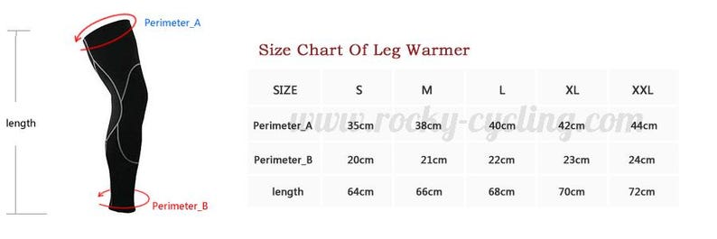 May include: Black leg warmers with white accent lines, and a size chart. The chart shows measurements in centimeters for perimeter and length, ranging from size S to XXL. The leg warmers are designed for cycling.
