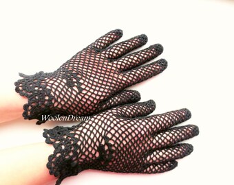 Gants en dentelle de mariage noirs Gants de mariée au crochet Gants mère de la mariée Gants en dentelle gothiques Gants d'été pour femmes Gants de guerre civile cadeau pour elle