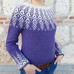 Nordischer Wollpullover für Damen, handgestrickt, runder Passe, isländischer Lopapeysa-Pullover, gemustert, nahtlos, Fair-Isle-Pullover, Weihnachtsgeschenk für Sie