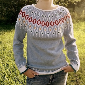 Wool Icelandic Sweater Telja Hand Knitted Ski Lopapeysa Pullover Women&#39;s Round Yoke Nordic Fair Isle Camping Jumper Christmas Gift for Her