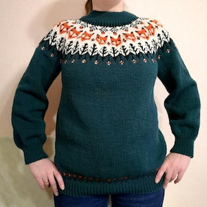 Hand Knit Icelandic Wool Sweater Fox Design Lopapeysa Pullover Women