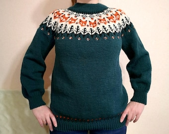 Fox Sweater Wool Icelandic Lopapeysa Hand Knitted Women Scandinavian Jacquard Pullover Animal Lover Gift