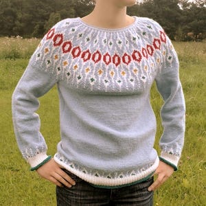 Wool Icelandic Sweater Hand Knitted: Nordic Fair Isle Yoke Lopapeysa Pullover Telja